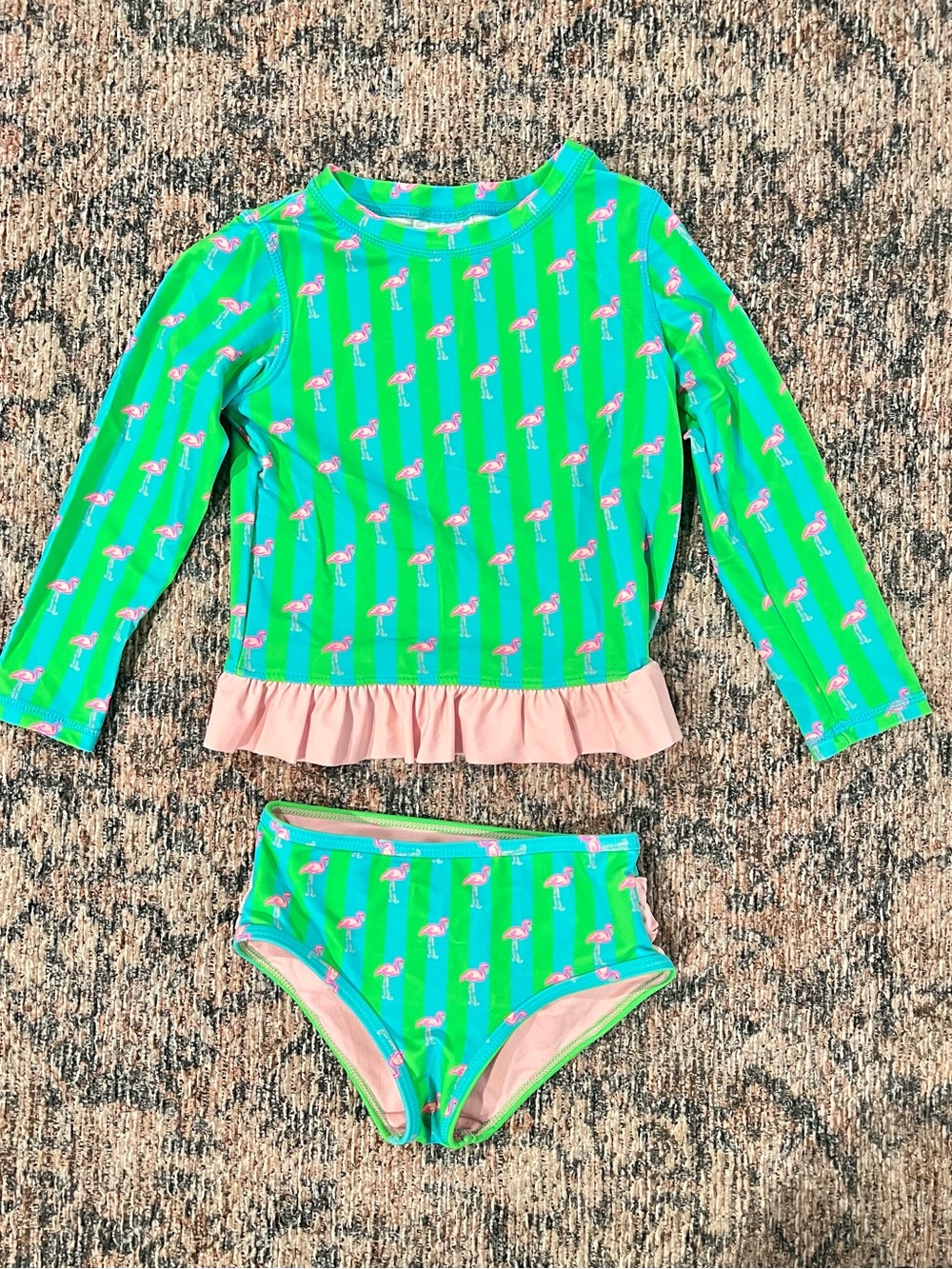 Flamingo Ruffle Hem Long Sleeve Swim Set